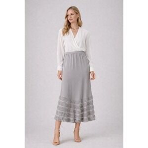 Antthony Original Grey Fringe Midi‎ Skirt Elastic Waist Pockets Size XL NWT